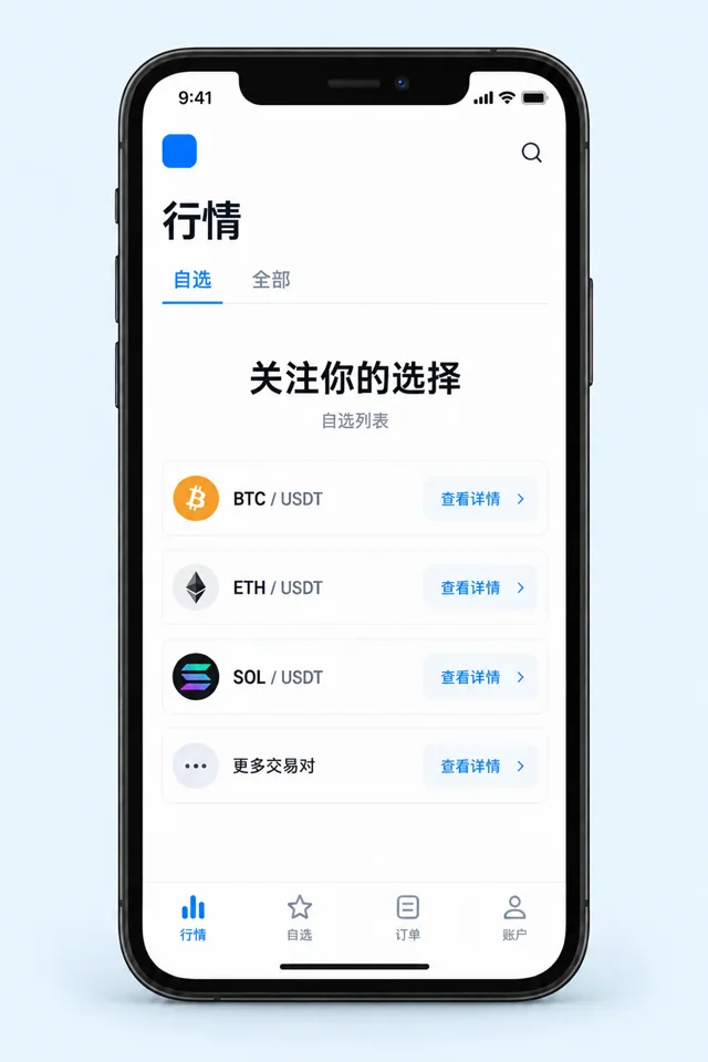 手机中的行情与自选列表，展示交易对及查看详情入口